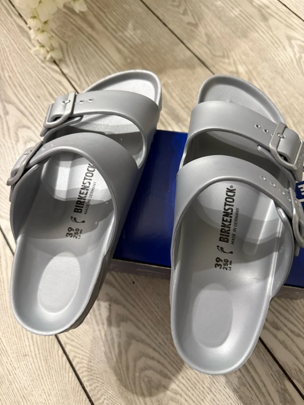 Birkenstock Arizona EVA Metallic Silver Two-Strap Sandals